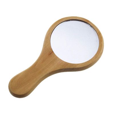 1 Piece Mini Portable Wood Makeup Mirror Handmade Portable Handle Round Cosmetic Mirror with Single Handle Personal Vanity Cosmetic Wooden Handheld Mirror, 7.1x 13.5cm