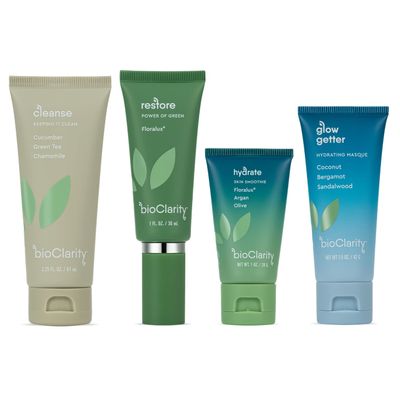 BioClarity 3-Step Essentials Skin Care Routine with Hydrating Mask for Normal and Oily Skin Types | Cleanse, Restore, Moisturize, Hydrate | 100% Clean Vegan Ingredients | Mini Size