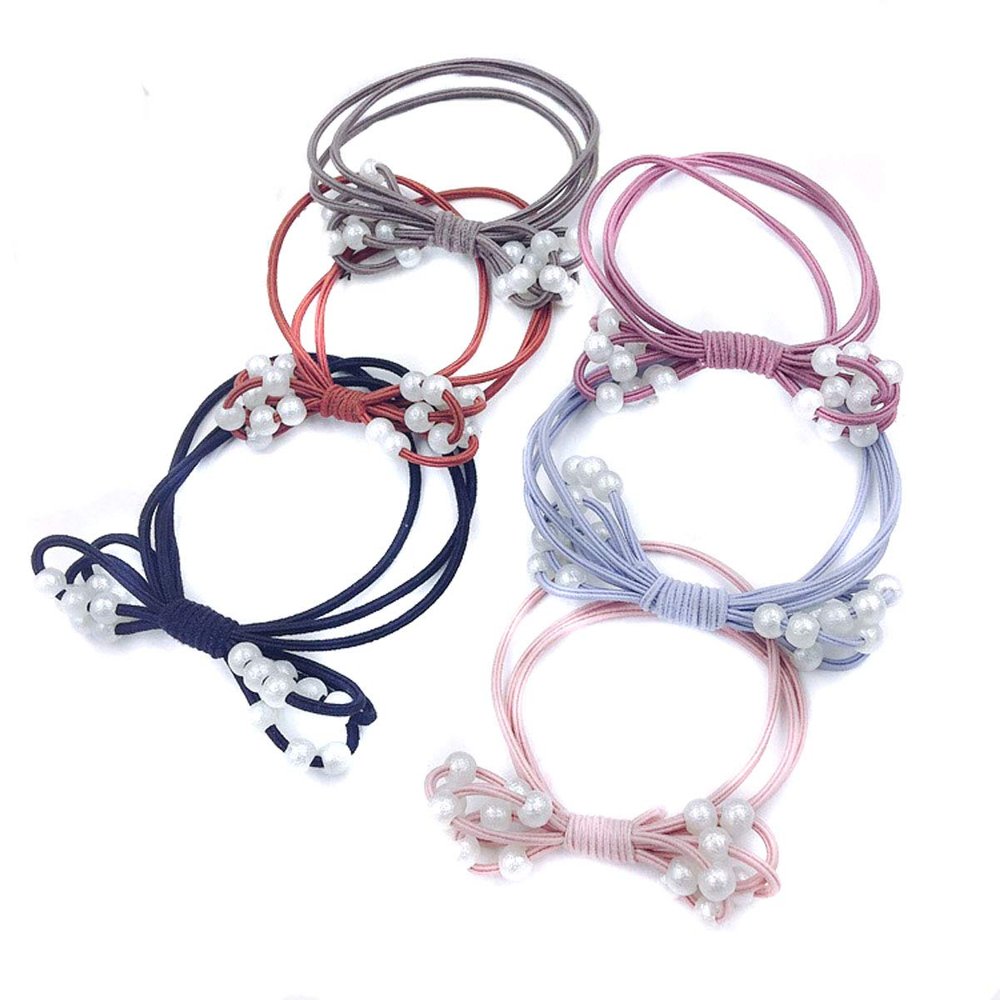 6 Pcs Fashion Women Imitation Pearls Hair Rope knotting Bow Hair Band Elastics Rope Hair Ring Ponytail Holder Headwear Hair Accessories