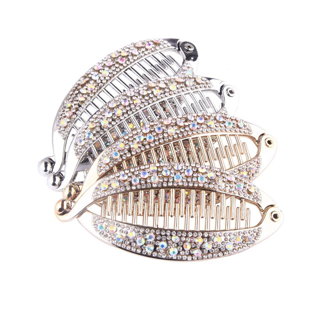 Numblartd 4Pcs Plastic Rhinestone Fish Shape Hair Comb Banana Hair Clip - Fashion Rounded Edges Fishtail Clincher Grips Clamp Hair Accessories for Women