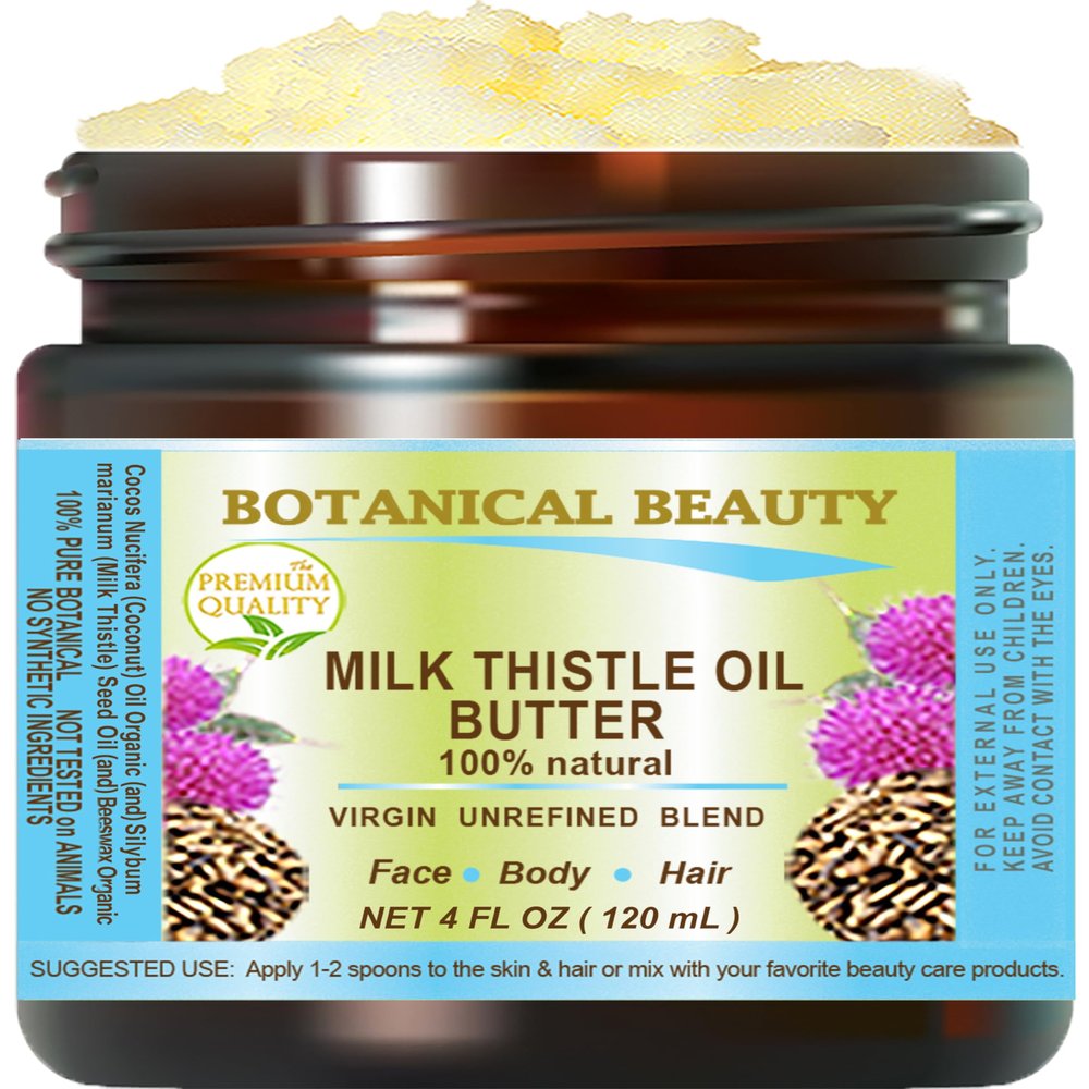 Botanical Beauty MILK THISTLE OIL BUTTER Silybum marianum 100% Natural for FACE, SKIN, BODY, HAIR, NAILS, Foot Care. Foot Oil butter, Skin Moisturizer (4 Fl Oz)