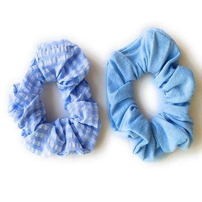 Blue White gingham print jersey fabric ponytail holder scrunchies set of 2 plaid check scrunchys