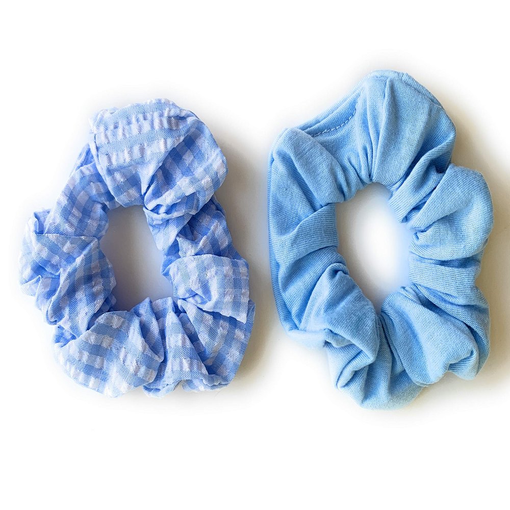 Blue White gingham print jersey fabric ponytail holder scrunchies set of 2 plaid check scrunchys
