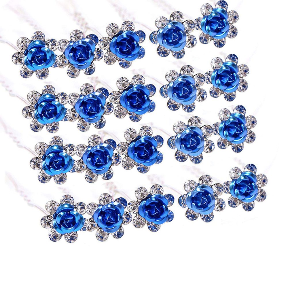 20 Pcs Fashion Alloy Rhinestone Crystal Hair Clip Pins Rose Flower Hair Comb Wedding Bride Bridesmaid Woman Hairpin Shining Hair Accessories (Royal Blue)