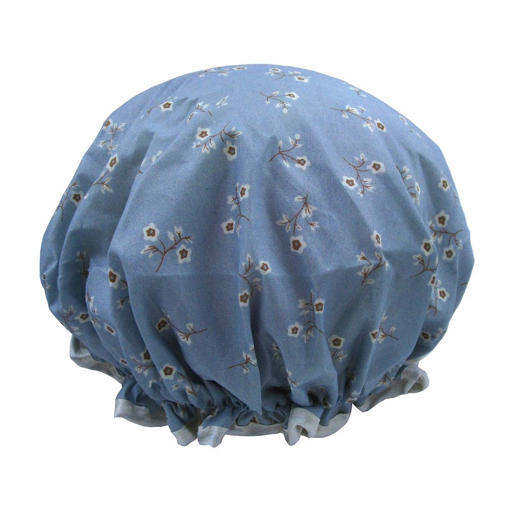 1 Pcs Waterproof Shower Cap for Women,Quanchen Double Layer Lined Reusable Elastic Bath Caps for Girls (06 Blue Flower)