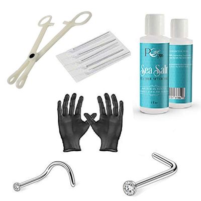 Liongothic 10PCS Nose Piercing Kit for Body Piercing Kit, 20G L Shaped Nose Ring, Disposable Piercing Needles 18G, Aftercare Solution 4oz, Forceps Clamps Tool Kit