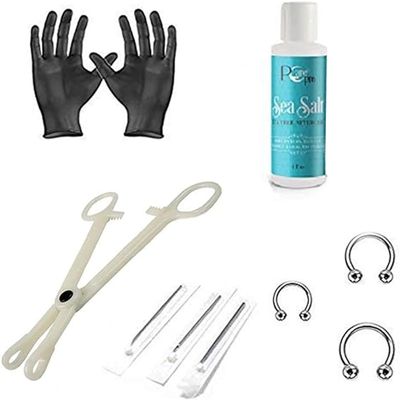 10PCS Horseshoe Septum Piercing Kit for Nostril Piercing 14G 16G 18G 3/8" Nose Ring Hoop Circular Barbell Septum Jewelry, Piercing Needle, Piercing Aftercare Solution, Forceps Clamp Tool Kit