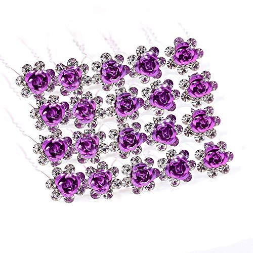 20 Pcs Fashion Alloy Rhinestone Crystal Hair Clip Pins Rose Flower Hair Comb Wedding Bride Bridesmaid Woman Hairpin Shining Hair Accessories (Purple)