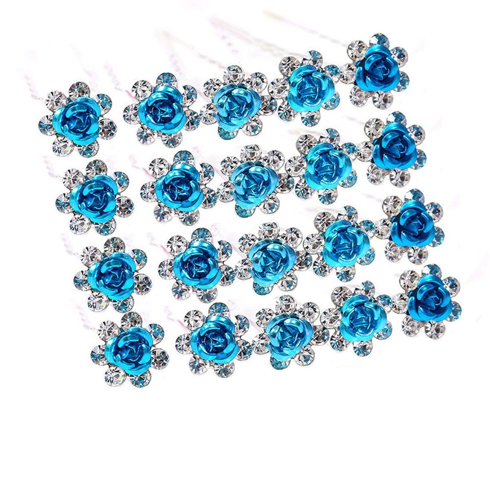 20 Pcs Fashion Alloy Rhinestone Crystal Hair Clip Pins Rose Flower Hair Comb Wedding Bride Bridesmaid Woman Hairpin Shining Hair Accessories (Lake Blue)
