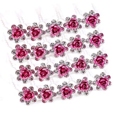 20 Pcs Fashion Alloy Rhinestone Crystal Hair Clip Pins Rose Flower Hair Comb Wedding Bride Bridesmaid Woman Hairpin Shining Hair Accessories (Pink)