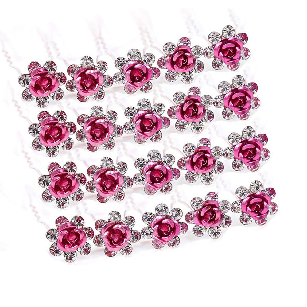20 Pcs Fashion Alloy Rhinestone Crystal Hair Clip Pins Rose Flower Hair Comb Wedding Bride Bridesmaid Woman Hairpin Shining Hair Accessories (Pink)