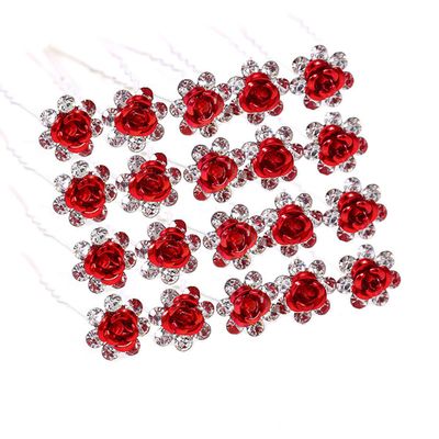 20 Pcs Fashion Alloy Rhinestone Crystal Hair Clip Pins Rose Flower Hair Comb Wedding Bride Bridesmaid Woman Hairpin Shining Hair Accessories (Red)
