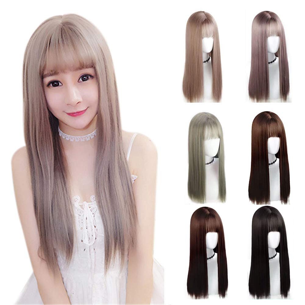 Drasawee Synthetic Wispy Fringe Medium Long Straight Human Hair Wig For Girls 65cm Gold