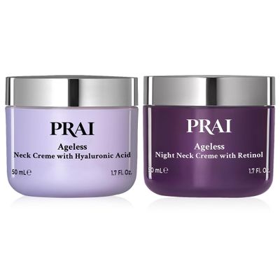 PRAI Beauty Ageless Day and Night Neck Creme Set | 1 Throat & Decolletage Day Creme and 1 Throat & Decolletage Night Creme | Skin Tightening Cream Set for Instantly Ageless Neck | 1.7 Oz Each