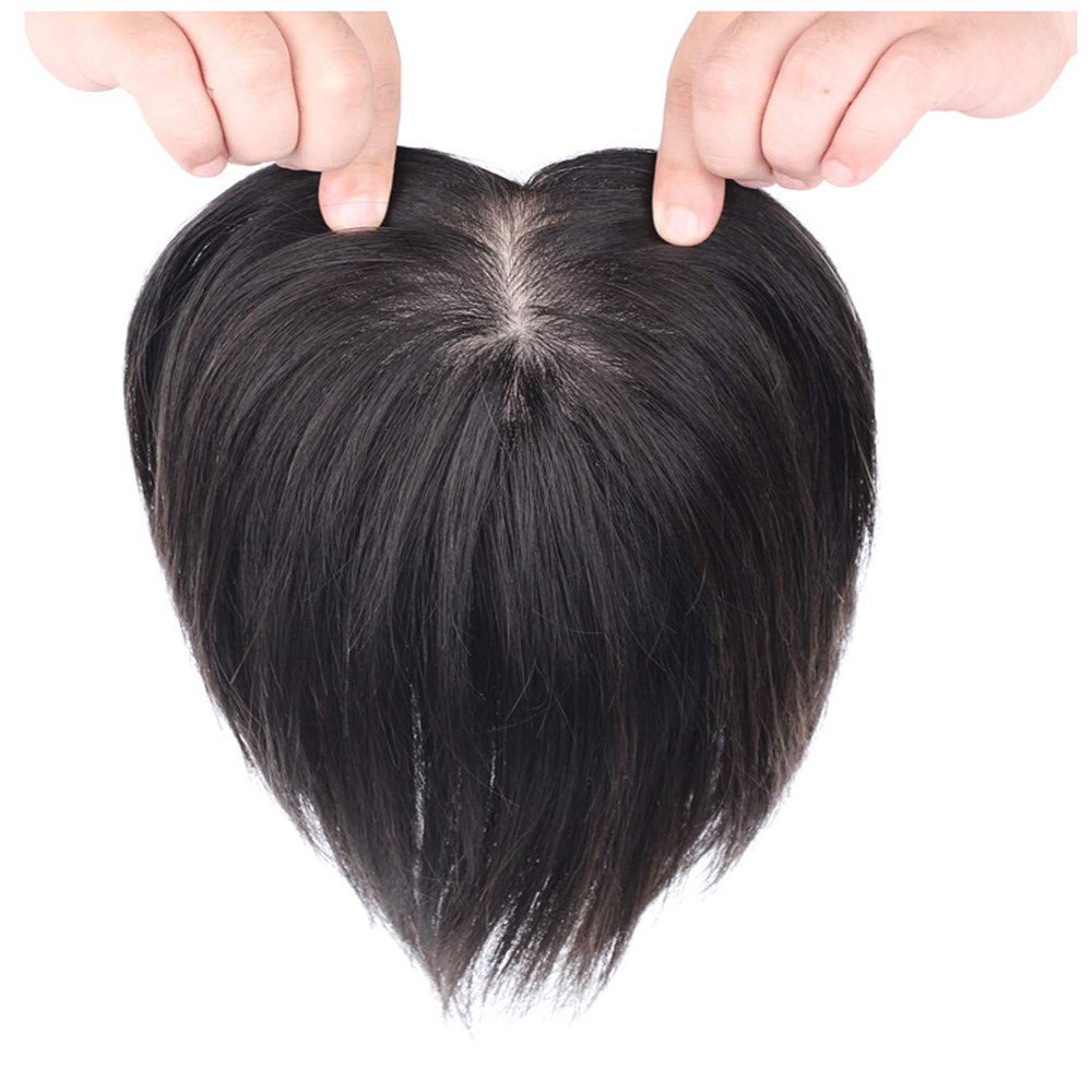 100% Real Human Hair Hand Tied Hair Toppers for Women, 3"x5" Silk Base Top Wiglet Hairpiece Clip in, 10" Off Black
