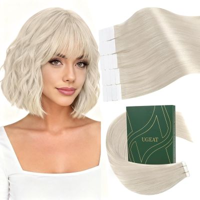Ugeat Tape in Hair Extensions for Real Human Hair Blonde Invisible Tape in Hair Extensions Remy Platinum Blonde Straight Short Lightweight for Halloween 12Inch 20Pcs 30G