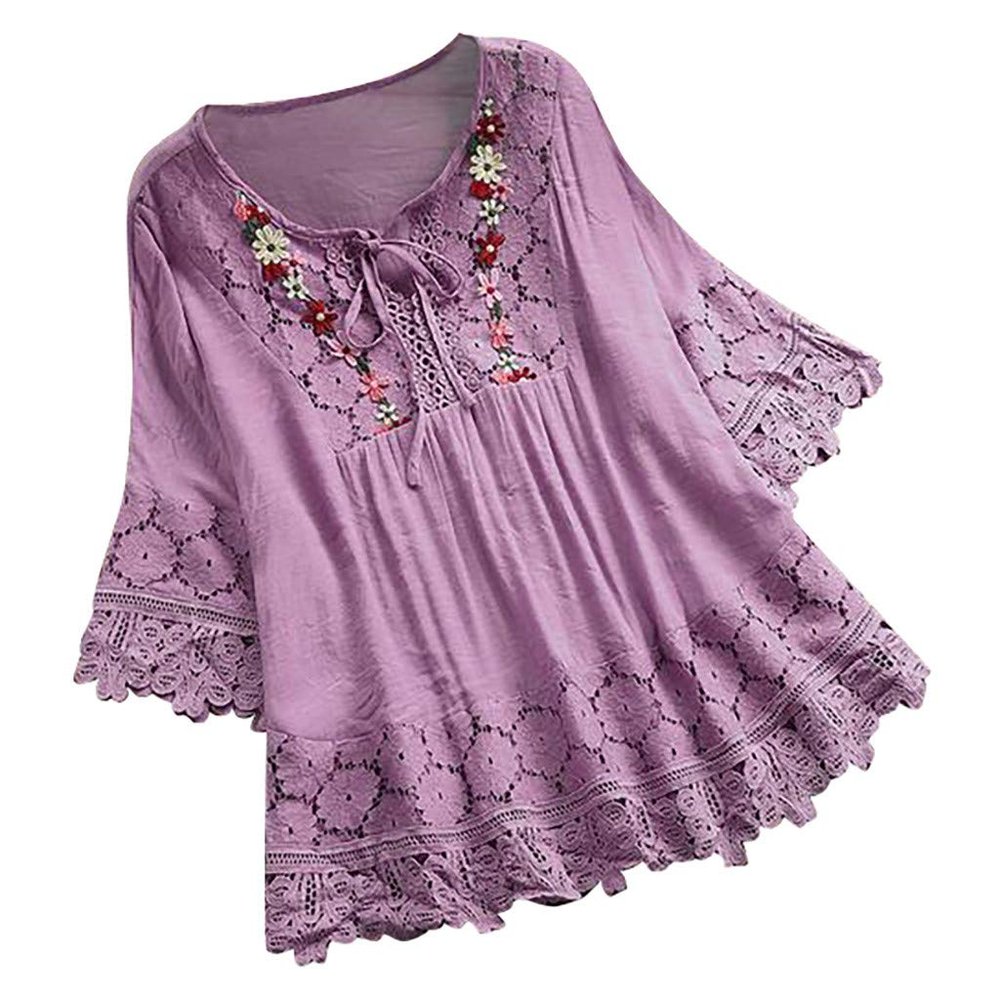 Aniywn Women Round Neck Lace Up Lace Patchwork Flare Pullover Top Casual Plus Size 3/4 Sleeve Floral Printed T-Shirt (XXXL, Purple)