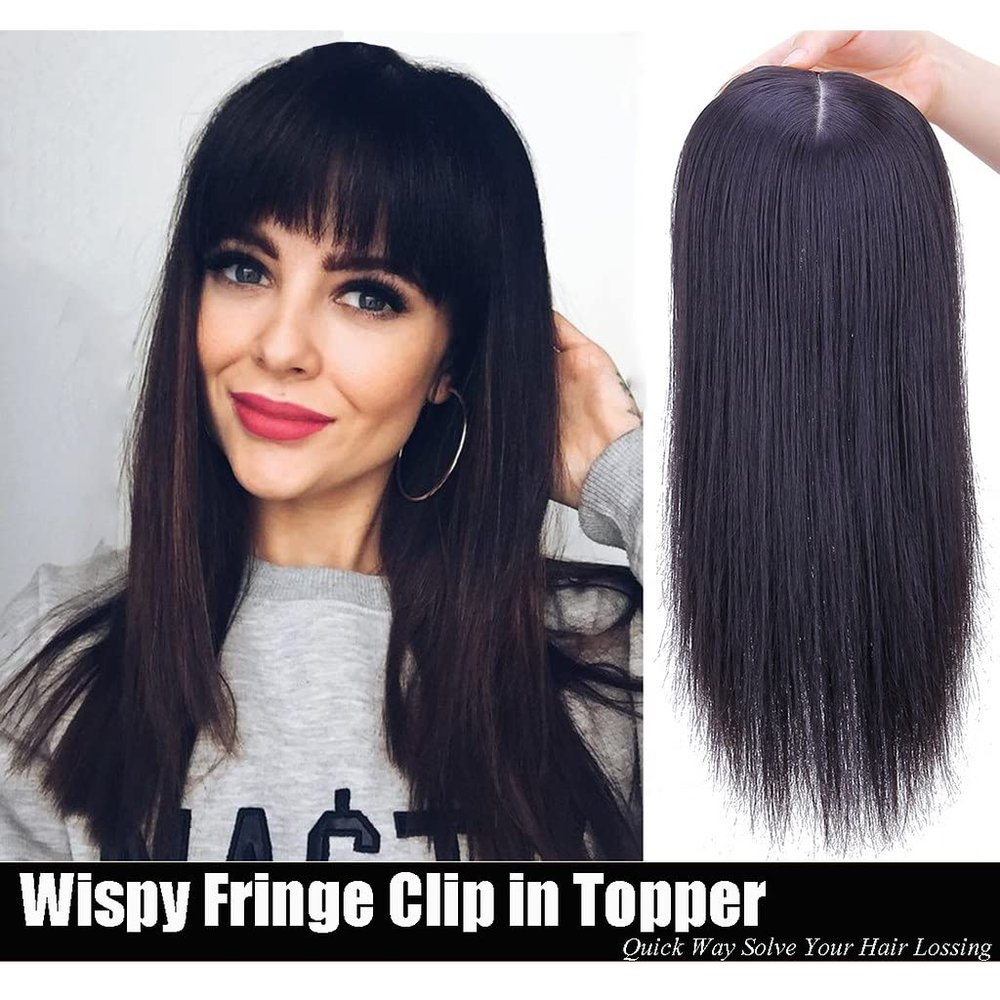 LesafeV 3D Wispy Fringe Forehead Hairpiece Clip in Straight Middle Parting Topper for Women With Thinning Hair (35cm, Dark Black)