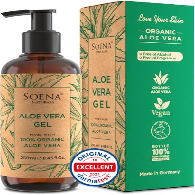 Soena Aloe Vera Gel Organic - FROM PURE ALOE LEAF JUICE - Vegan | 100% Natural & Unscented - Certified Organic - Made in Germany - Moisturizer - For Face, Skin, Hair, Sunburn relief