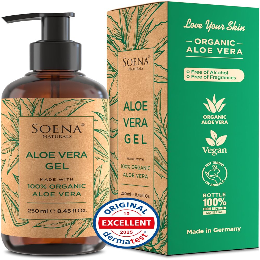 Soena Aloe Vera Gel Organic - FROM PURE ALOE LEAF JUICE - Vegan | 100% Natural & Unscented - Certified Organic - Made in Germany - Moisturizer - For Face, Skin, Hair, Sunburn relief