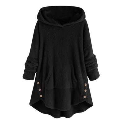 Aniywn Winter Outwear Tops For Women, Plus Size Casual Plush Pocket Button Hoodie Sweatshirt Pullover Blouse Black