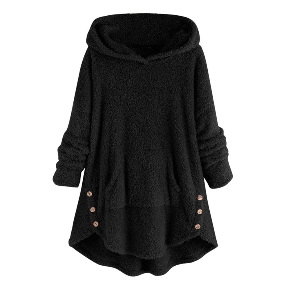Aniywn Winter Outwear Tops For Women, Plus Size Casual Plush Pocket Button Hoodie Sweatshirt Pullover Blouse Black