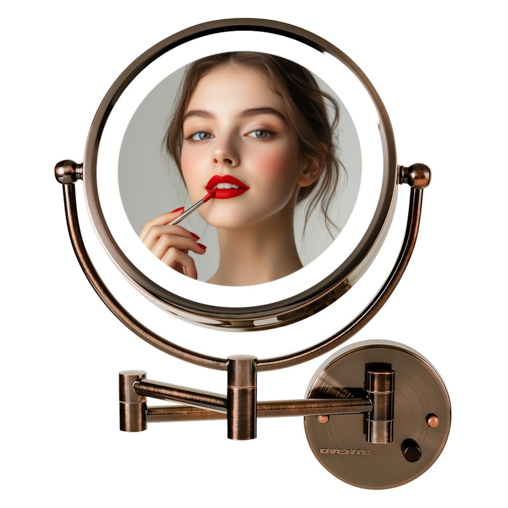 OVENTE Wall Mounted Lighted Makeup Vanity Mirror, 9" Hard Wired Double Sided 1X/7X Magnifying Bathroom Mirror, Dimmable LED Lights, 360 Rotation and 14" Extendable Arm, Antique Brass MPWD3185AB1X7X