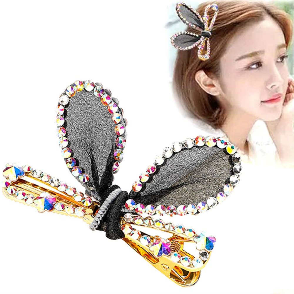 2PCS Women Lady Fashion Sweet Rhinestone Duck Bill Alligator Hair Clips Rabbit Ears Hair Barrettes Bow Hairpins Hair Accessories (Black)