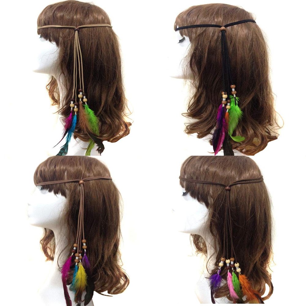 4 Pcs Indian Gypsy Feather Headband Bohemia Hippie Headpiece Braided Beads Headwear Halloween Hair Accessories for Women