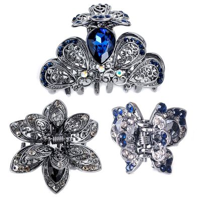 3PCS Women's Vintage Chic Metal Crystal Hair Claw Jaw Clips Rhinestone Hair Catch Hair Pins Barrettes Value Pack