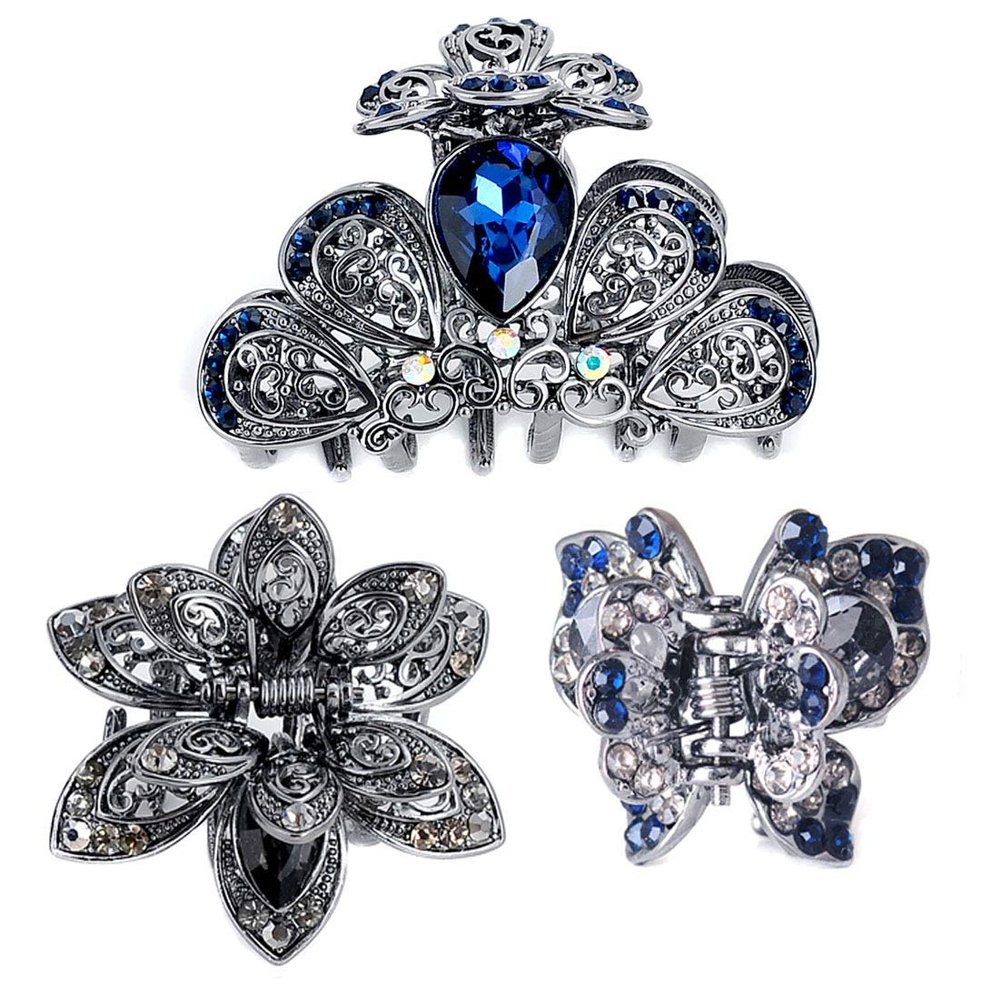 3PCS Women's Vintage Chic Metal Crystal Hair Claw Jaw Clips Rhinestone Hair Catch Hair Pins Barrettes Value Pack