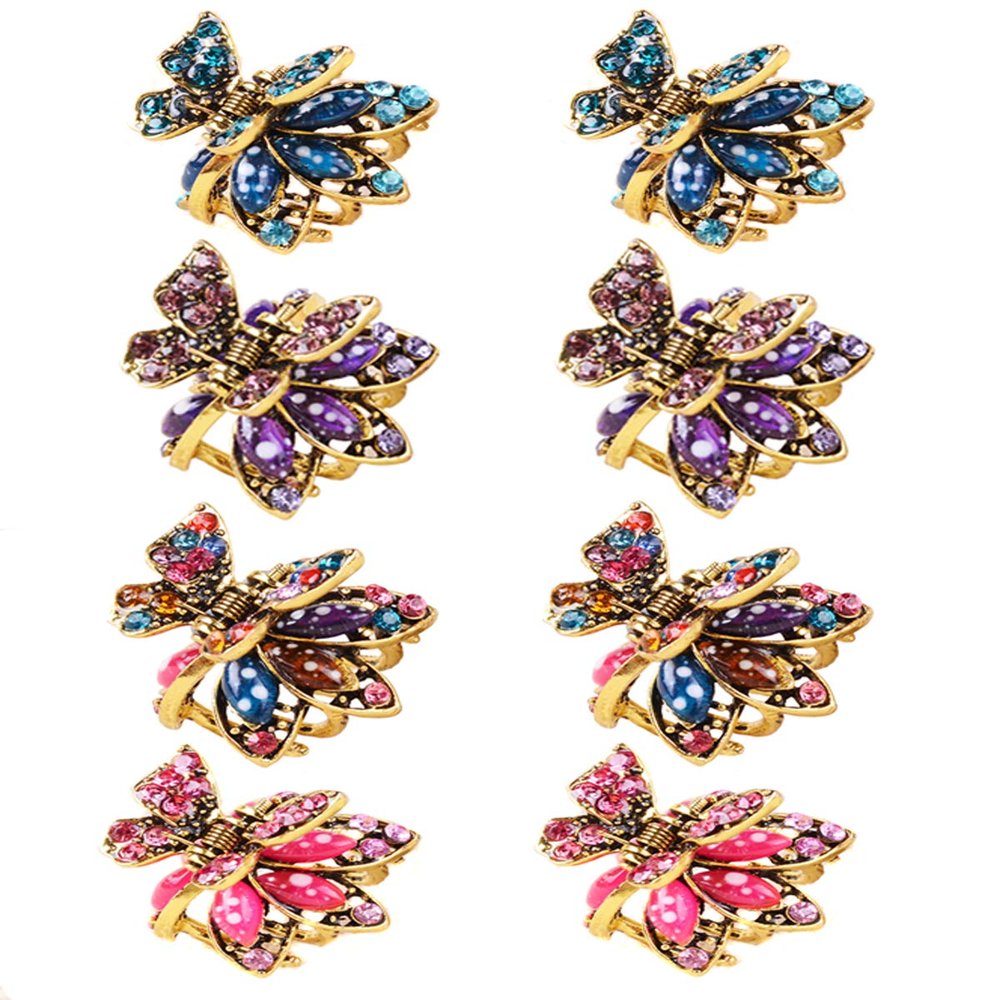Set of 8 Mini Jaw Claw Clips Fashion Metal Alloy Rhinestone Hairpin Flower Barrette Accessories