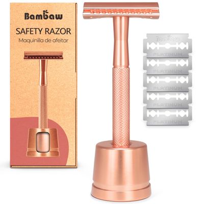 Bambaw Double Edge Safety Razor with Stand, Women Razor with 5 Double Edge Safety Razor Blades, Plastic Free Metal Razor Rose Gold