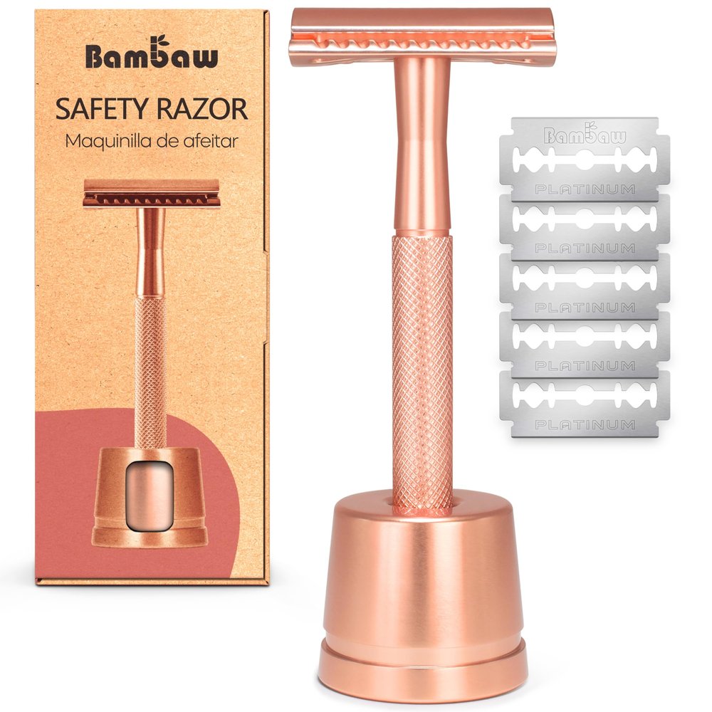 Bambaw Double Edge Safety Razor with Stand, Women Razor with 5 Double Edge Safety Razor Blades, Plastic Free Metal Razor Rose Gold