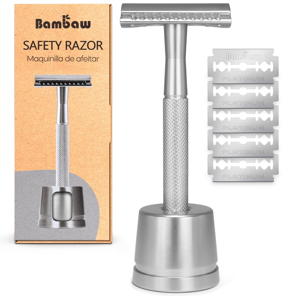 Bambaw Double Edge Safety Razor for Men with Stand, Reusable Metal Razor with 5 Double Edge Blades, Single Blade Razors for Men & Women Silver