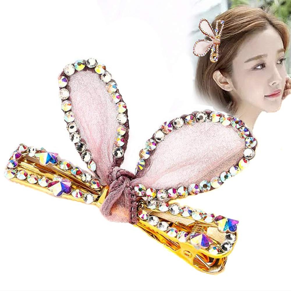 2PCS Women Lady Fashion Sweet Rhinestone Duck Bill Alligator Hair Clips Rabbit Ears Hair Barrettes Bow Hairpins Hair Accessories (Pink)