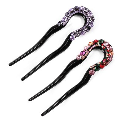 2PCS 5 Inch Rhinestone Resin U-Shaped Hairpins Crystal Hair Comb Beauty Tools Fork Hairfork Hair Accessories for Women Lady (Violet + Colorful)