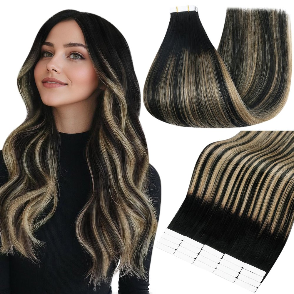 Full Shine Human Hair Tape in Extensions 14 Inch Color 1B/27/1B Black With Blonde Straight Seamless Remy Tape Ins Human Hair Extensions Balayage 20PCS Extensions for Women Real Hair 50g for Party