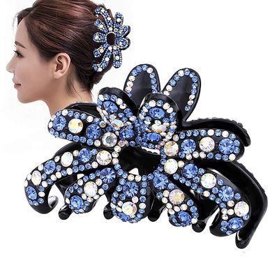 Elegant Rhinestone Large Size Fancy Hair Claw Clips Plastic Hair Clamp Jaw Clip Non-Slip Barrette Hair Updo Grip Bath Accessories (Blue)