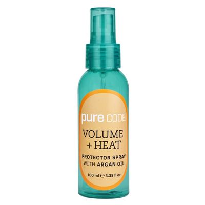 PURE CODE Volume + Heat Protector Spray with Argan Oil-Protects Hair Up To 450 F Against Curling Irons & Blow Dryers - Argan Oil Hair Treatment Spray - Made in USA 3.3
