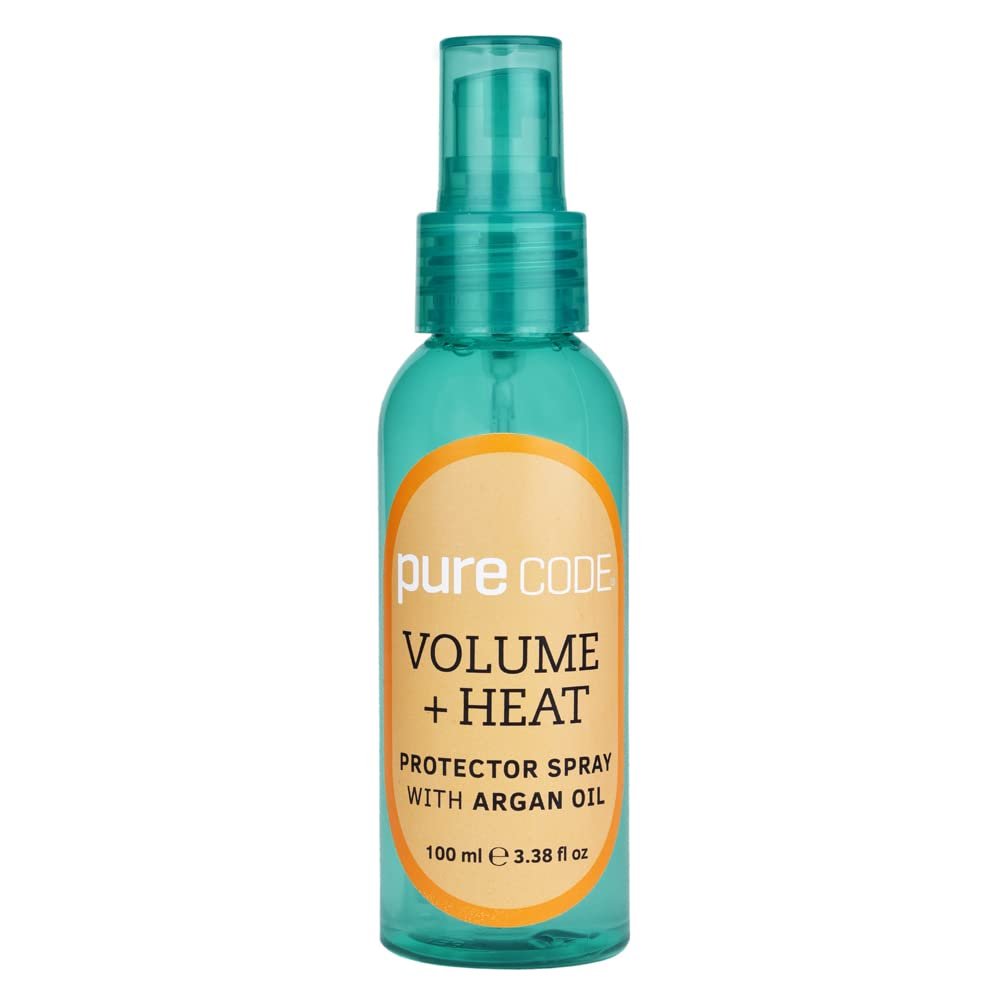 PURE CODE Volume + Heat Protector Spray with Argan Oil-Protects Hair Up To 450 F Against Curling Irons & Blow Dryers - Argan Oil Hair Treatment Spray - Made in USA 3.3