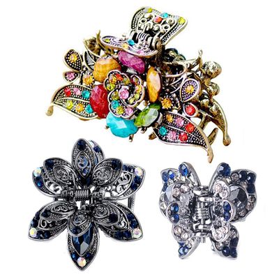 3PCS Women Vintage Rose Flower Hair Claw Jaw Clips Rhinestone Butterfly Hair Catch Hair Pins Barrettes Value Pack