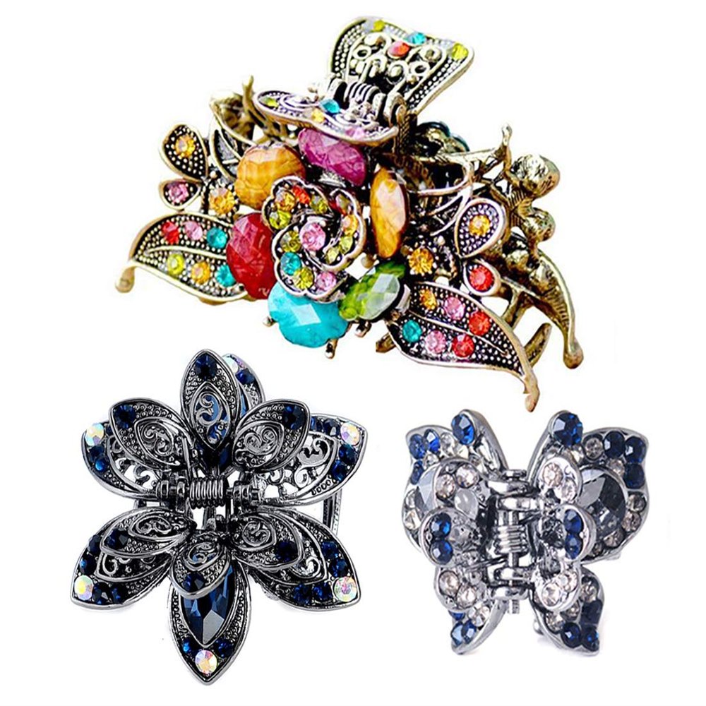 3PCS Women Vintage Rose Flower Hair Claw Jaw Clips Rhinestone Butterfly Hair Catch Hair Pins Barrettes Value Pack