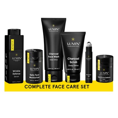 Lumin Mens Skincare Set Complete Face Care Kit with Charcoal Face Wash, Scrub, Moisturizer, Wrinkle Serum, Recovery Oil & Eye Balm, Korean Skincare Routine