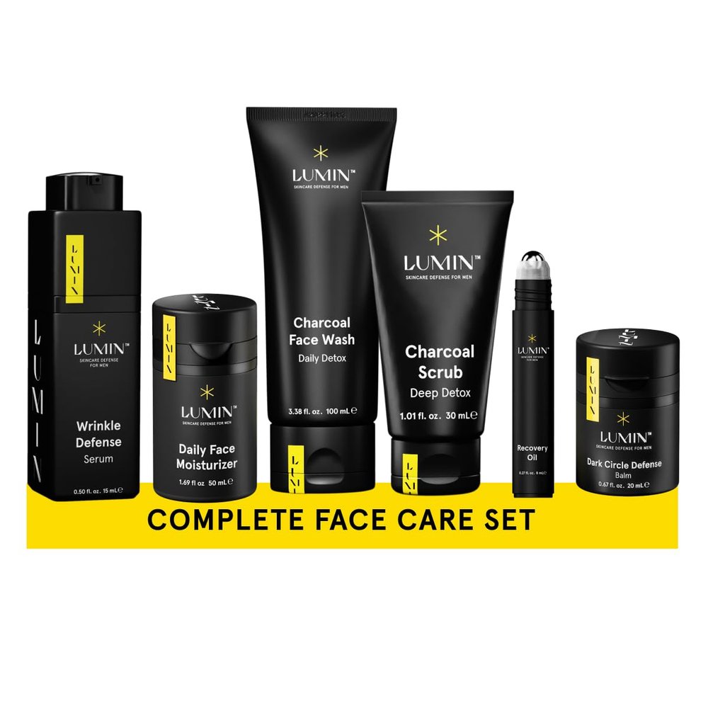 Lumin Mens Skincare Set Complete Face Care Kit with Charcoal Face Wash, Scrub, Moisturizer, Wrinkle Serum, Recovery Oil & Eye Balm, Korean Skincare Routine
