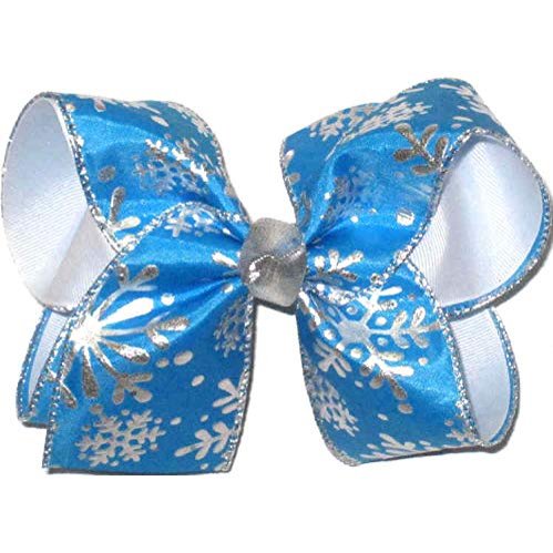 Rainbows By Paulette HL-1124L Large Hair Bow Silver Snow Flakes on Blue Satin over White with Silver Knot