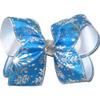 Rainbows By Paulette HL-1124L Large Hair Bow Silver Snow Flakes on Blue Satin over White with Silver Knot view 1