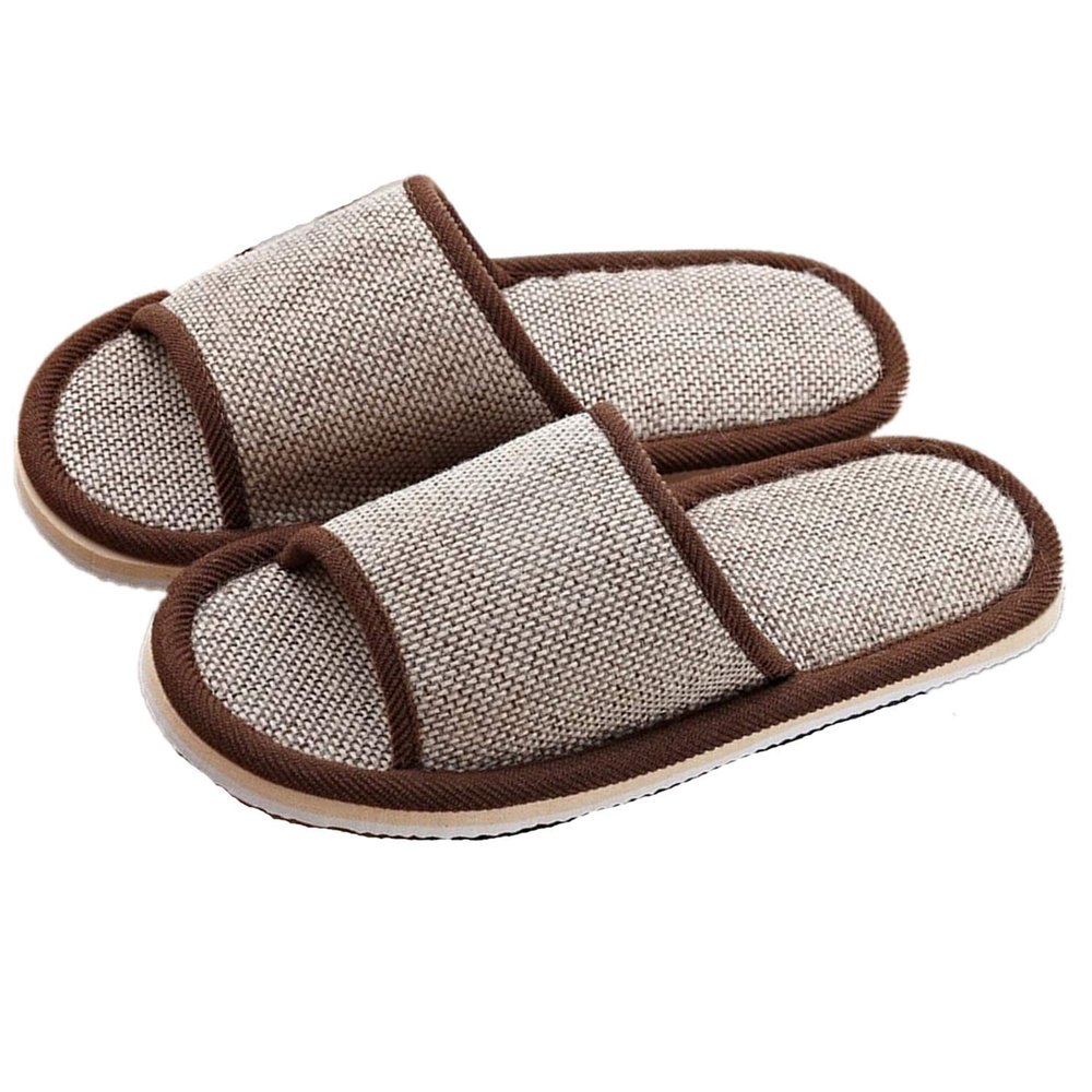 2 Pair of Open Toe Breathable Slippers, Spa SlippersLinen Casual Slippers for Men and Women Universal Size Washable and Non-Disposable Waffle (2 Medium Size, Dark Brown)