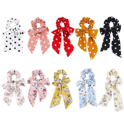 10 Pcs Bowknot Satin Tassel Scarf Hair Scrunchies Printed Dot Pattern Elastics Hair Bands Hair Rope 2 in 1 Ponytail Holder Women Hair Accessories (Random Color)