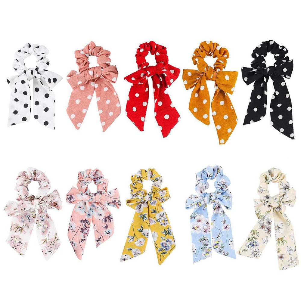 10 Pcs Bowknot Satin Tassel Scarf Hair Scrunchies Printed Dot Pattern Elastics Hair Bands Hair Rope 2 in 1 Ponytail Holder Women Hair Accessories (Random Color)